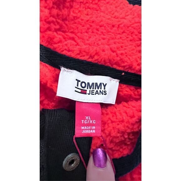 TOMMY JEANS RED FLEECE BLACK TRIM SWEATER PULLOVER TOP JACKET WOMENS SZ XL P1-26 - Picture 6 of 12